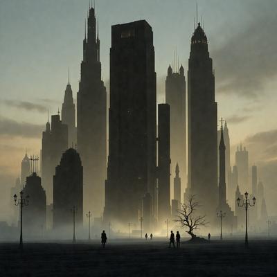 The primary subject of the image is a tall, thin tree with a few people walking around it. The setting is a cityscape with tall buildings in the background. The visual style is a black and white photo, giving the image a classic and timeless feel. The dominant colors are black, white, and gray, creating a moody atmosphere.
